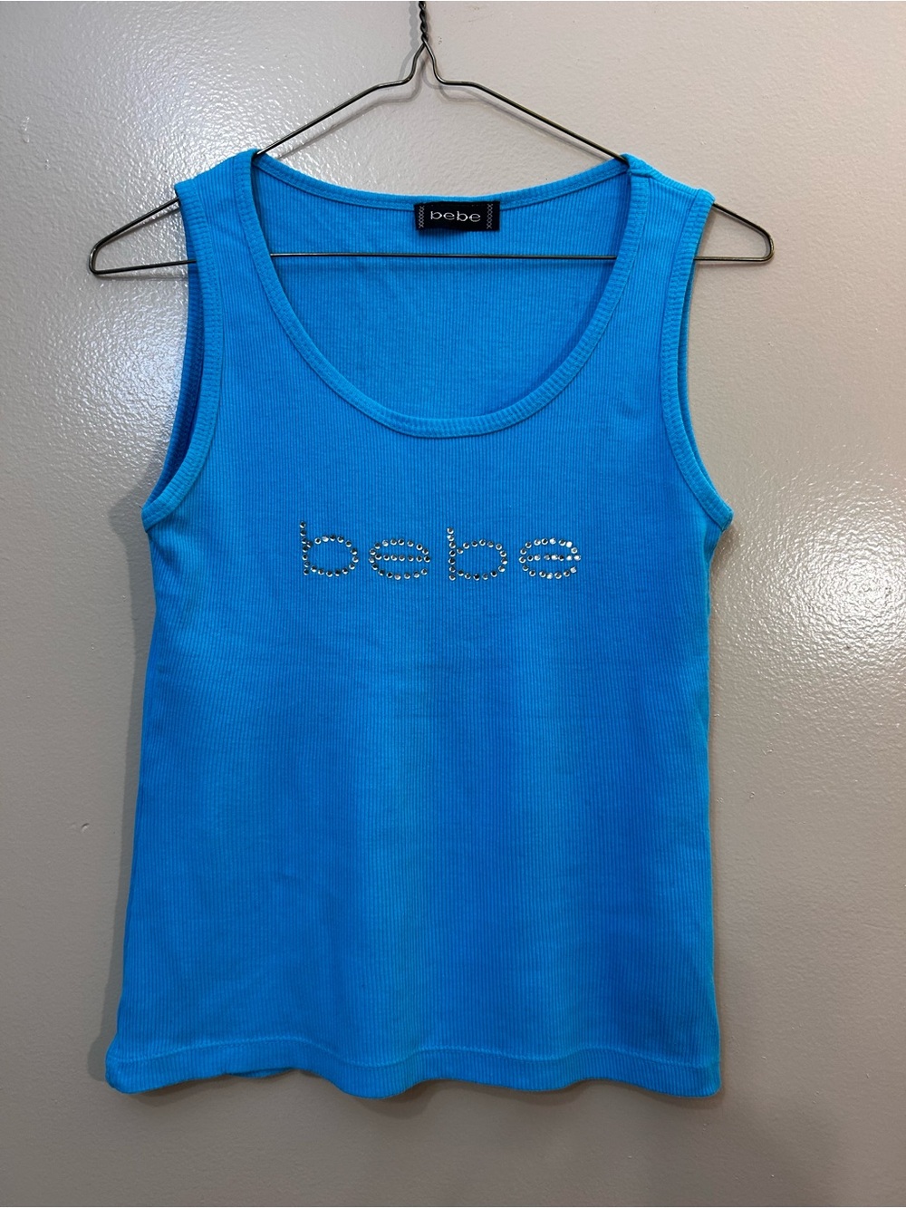 bebe Bright Blue Crystal Logo Ribbed Tank